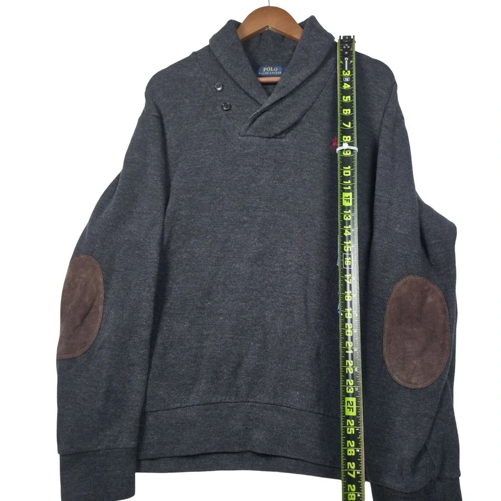 Polo Ralph Lauren Shawl Collar Sweater Mens XL Charcoal Grey Suede Elbow Patches